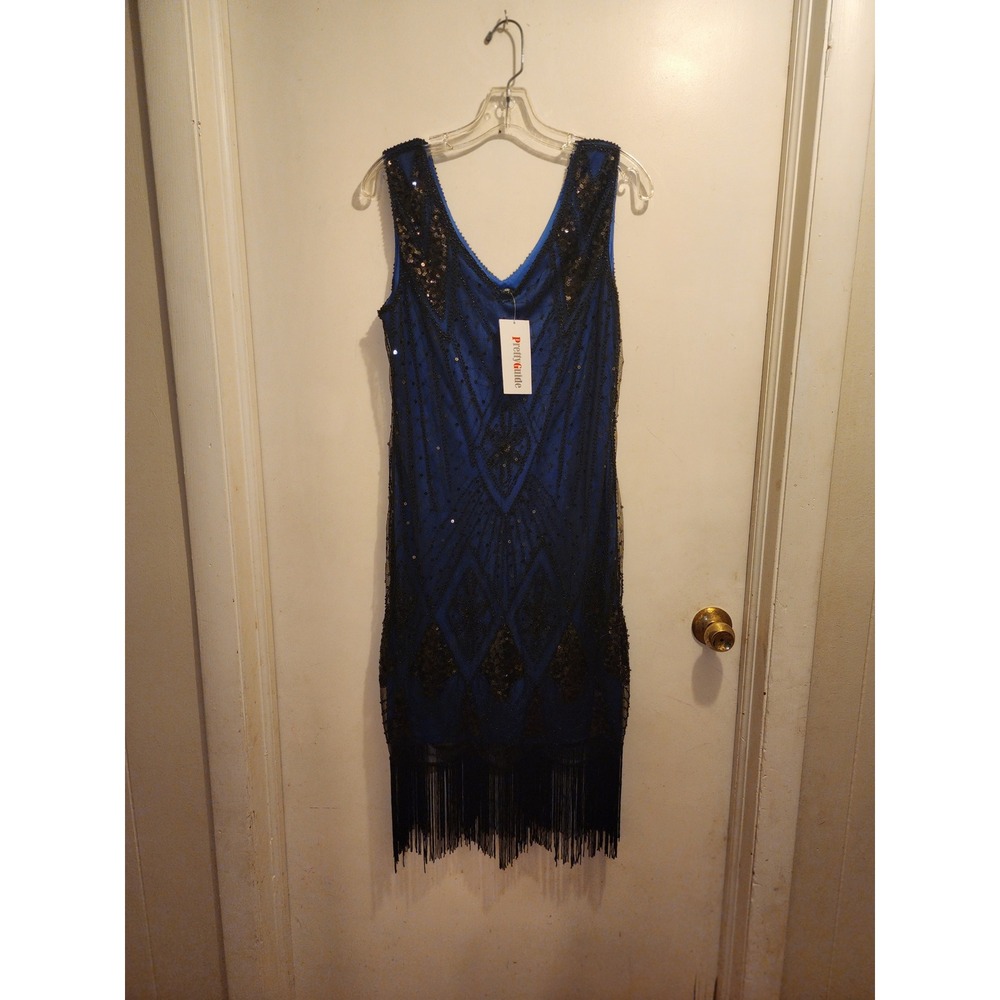 PrettyGuide 2539 Royal Blue Black Sequin Beaded Fringe Flapper Gatsby Dress L